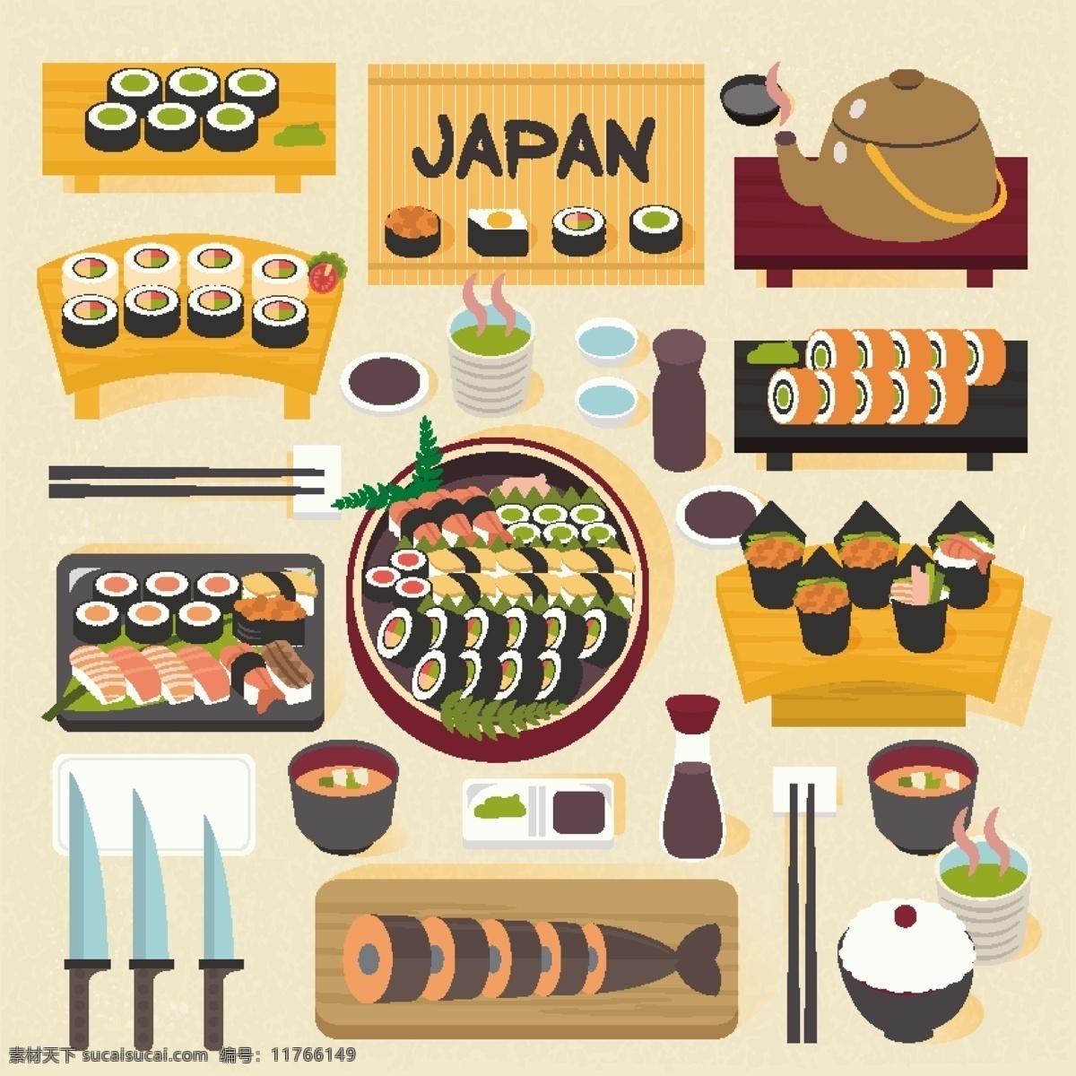 日本 食物 寿司 矢量 装饰 图案 美味 海报 设计素材 矢量素材 平面设计 装饰背景