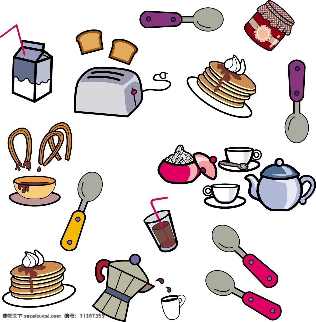 日用品合集 食物 日用品 牛奶 茶 勺子 甜点 糕点 矢量 原创 卡通 原创卡通素材 生活百科 生活用品