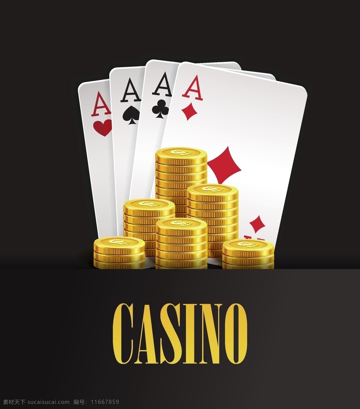 黑 金色 赌场 金币 卡通 矢量 扑克牌 钱币 名称 突出 几何 矢量素材 设计素材 平面素材