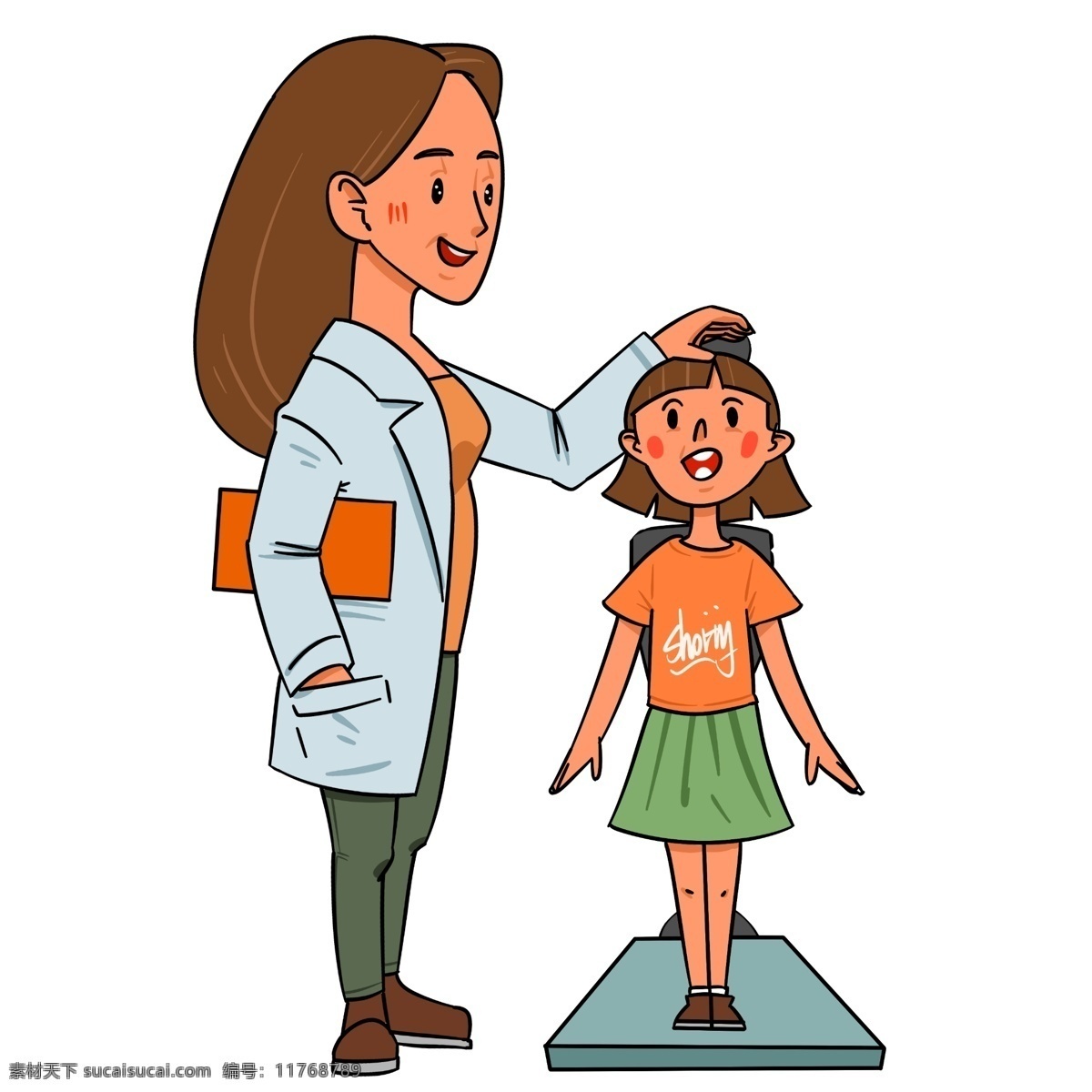手绘 体检 量 身高 插画 小女孩 女医生 医疗器械 手绘人物插画 身高测量器 量身高插画
