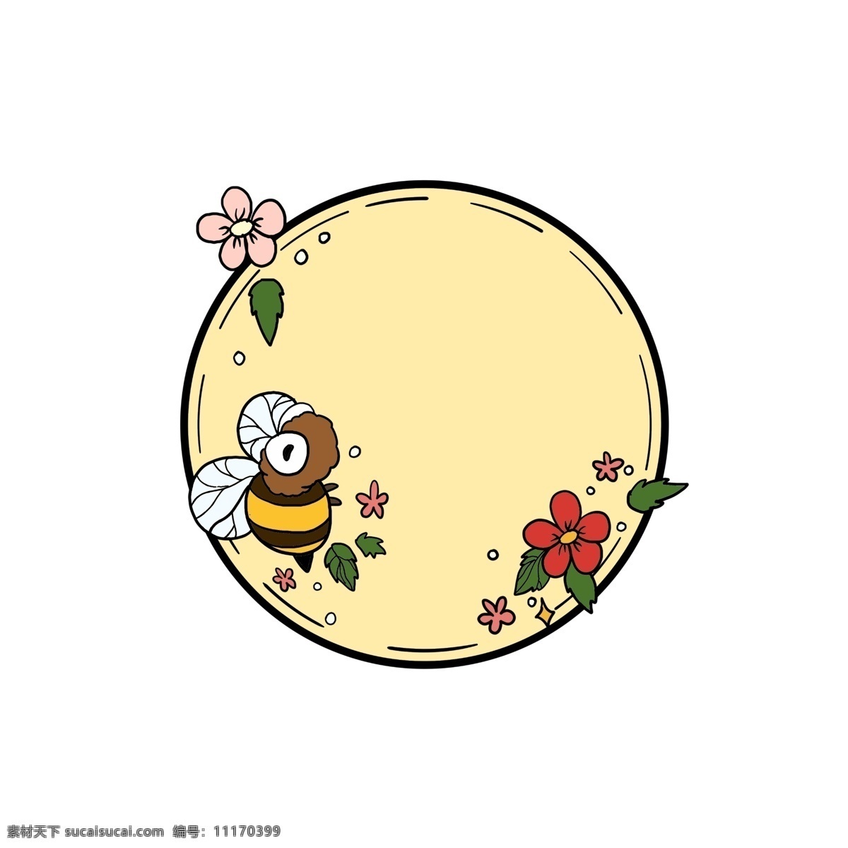 卡通 蜜蜂 边框 插画 黄色蜜蜂边框 花朵装饰 花瓣边框 绿色叶子边框 红色花朵边框 圆圆的边框 边框装饰