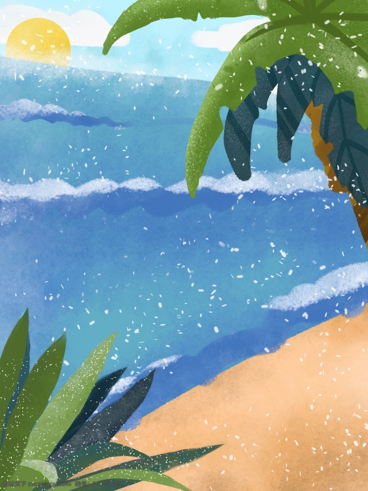 手绘 夏季 海滩 椰树 背景 夏天 太阳 夏天背景 沙滩 背景设计 psd背景 背景展板 特邀背景 背景展板图 背景图