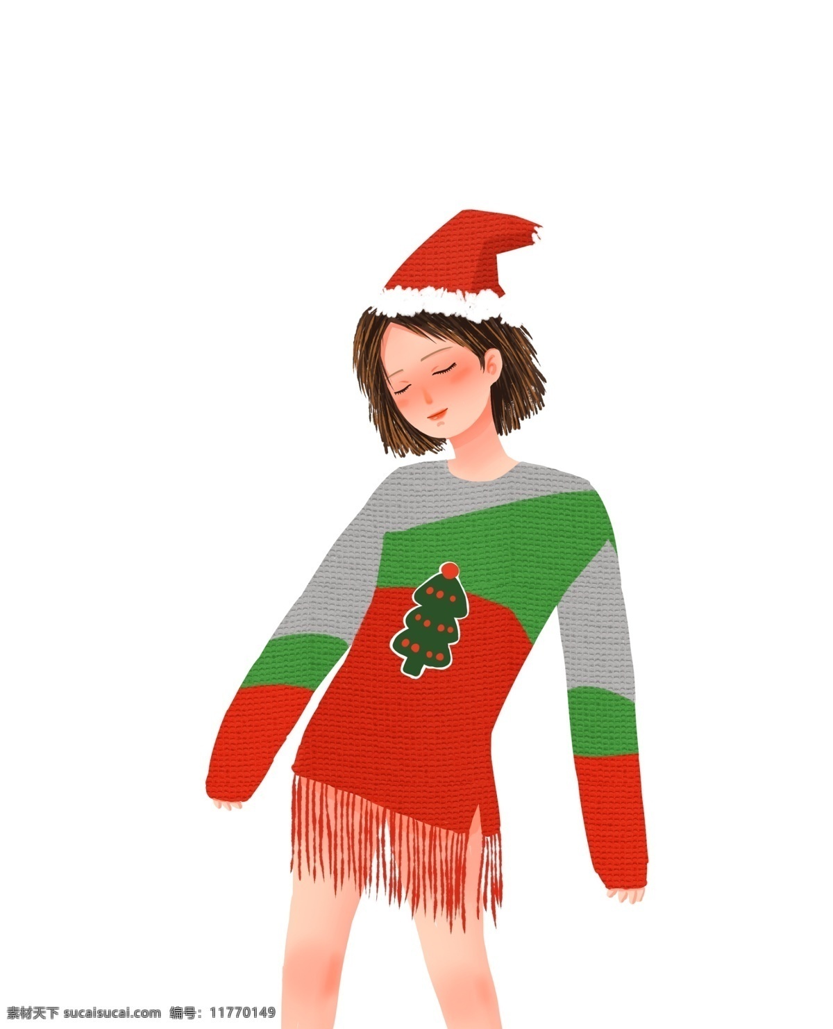 手绘 圣诞节 个性 美女 卡通 文艺 女孩 圣诞帽 毛衣 圣诞树 畅想 满足 圣诞毛衣