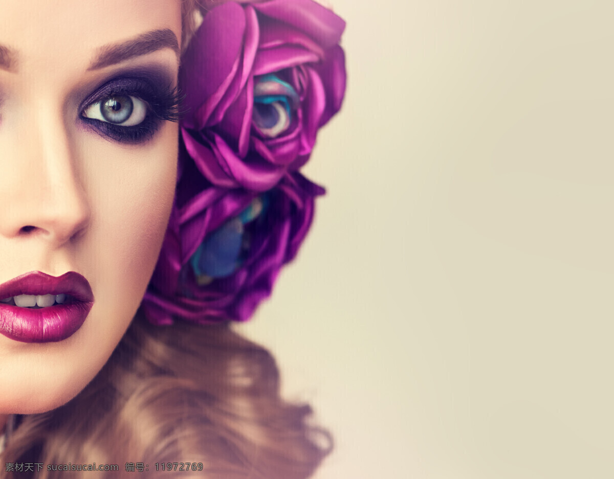 头 戴 花朵 性感美女 紫色花朵 头戴花朵 浓妆美女 美女 艺术写真 面部 脸部特写 时尚美女 人物图库 女性女人