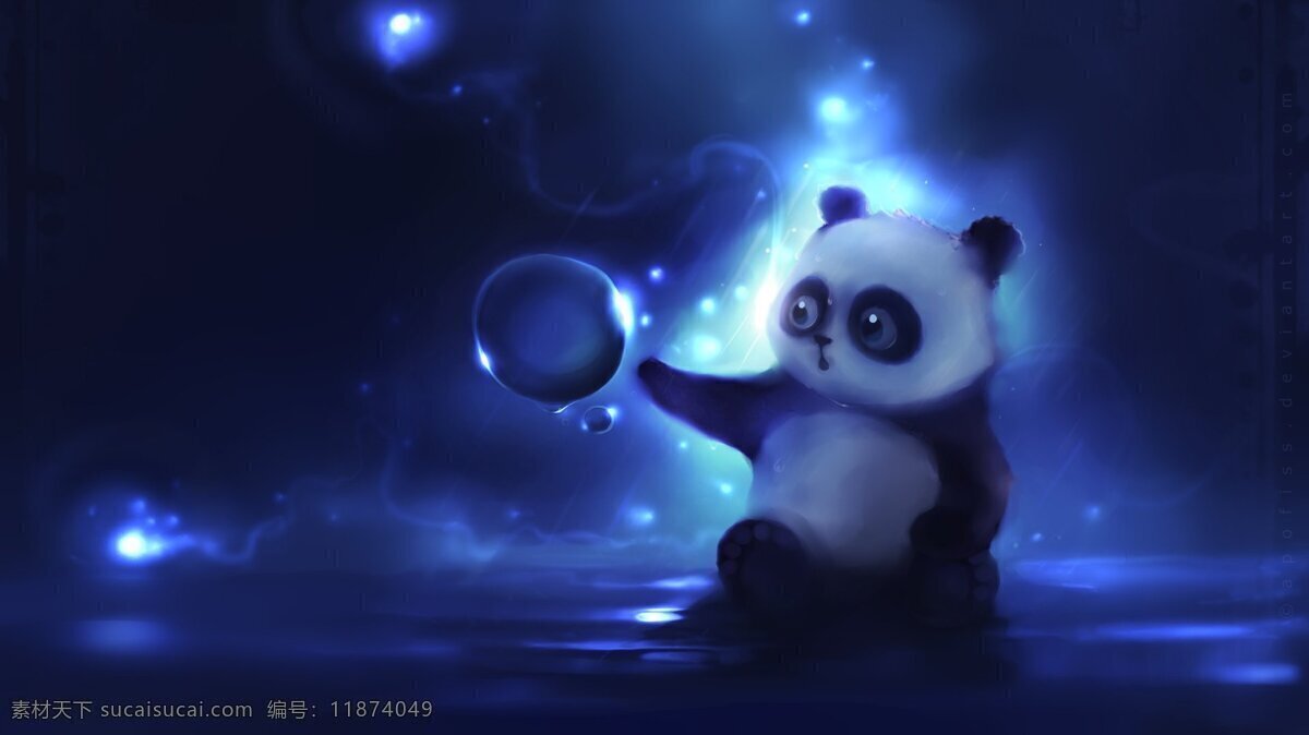 水彩 插画 手绘 熊猫 壁纸 可爱 蓝色 萌宠 夜晚 卡通 动漫