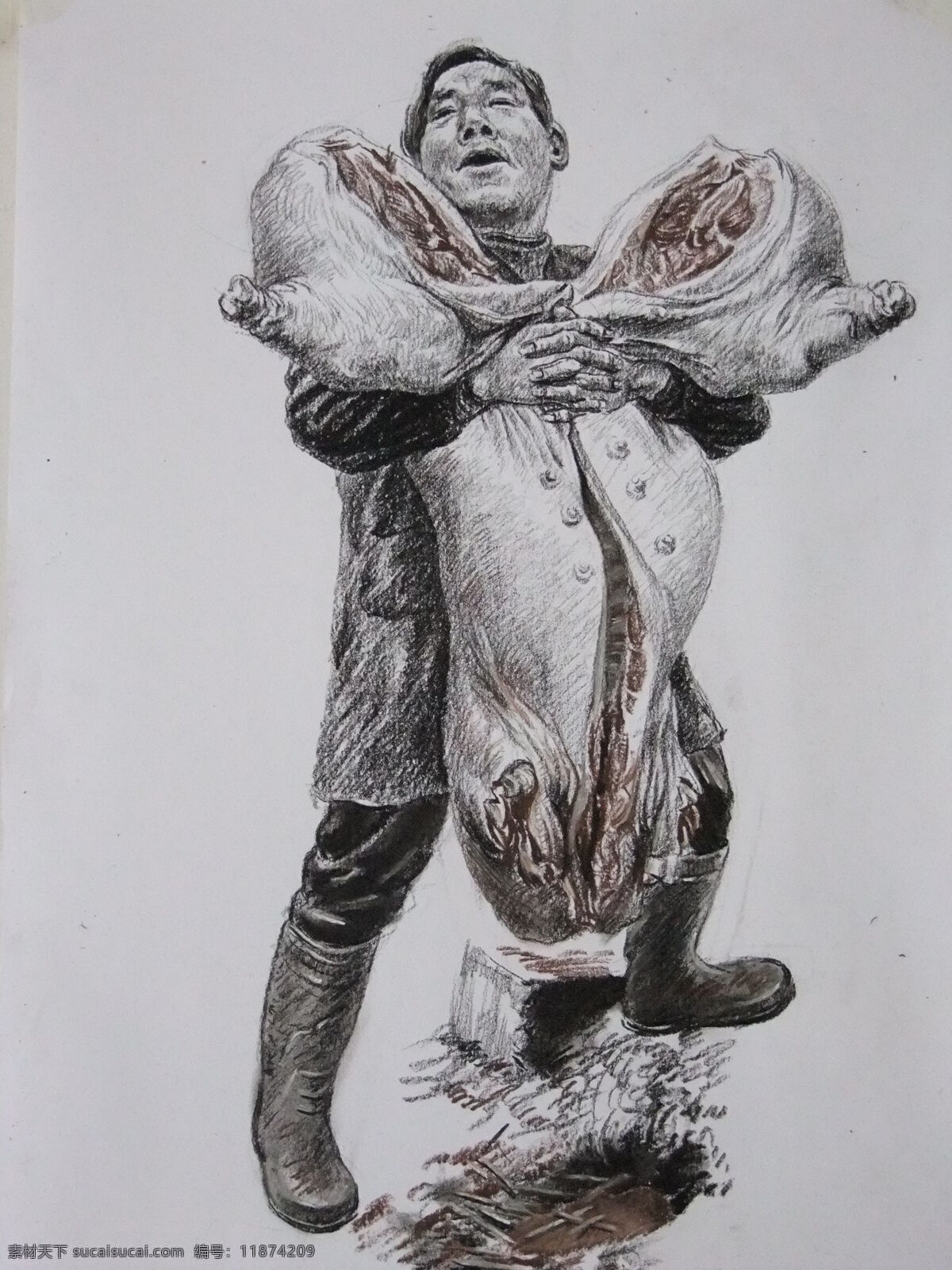 过年 绘画书法 农民 铅笔 人物 素描 文化艺术 全身像 猪 人物绘画 节日素材 2015 新年 元旦 春节 元宵