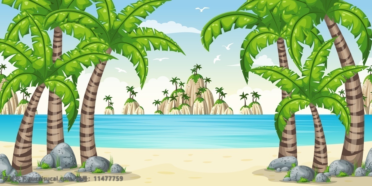 大海 上 绿色 小岛 插画 风景 椰树 海岛 植物