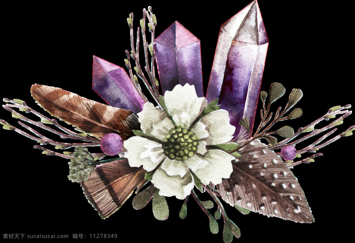 手绘 紫水晶 配 白色 花 透明 装饰 图案 白色花 树叶 棕色 紫色 绿色