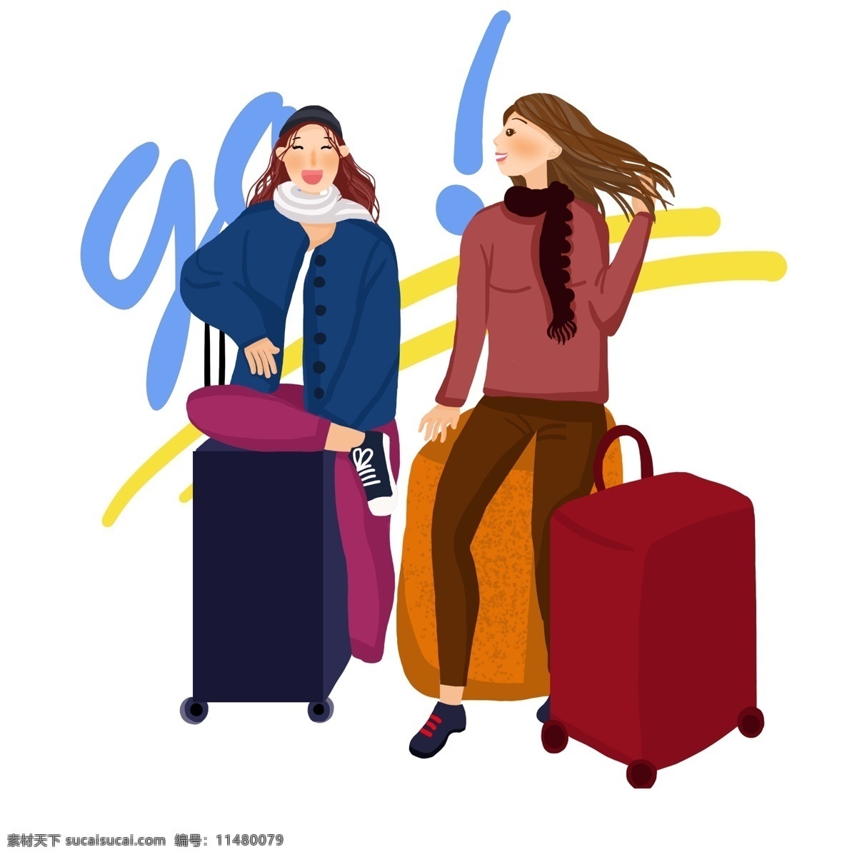 冬季 旅行 人物 行李 插画 漂亮的小女孩 旅行的小女孩 卡通人物插画 结伴旅行 红色的行李箱