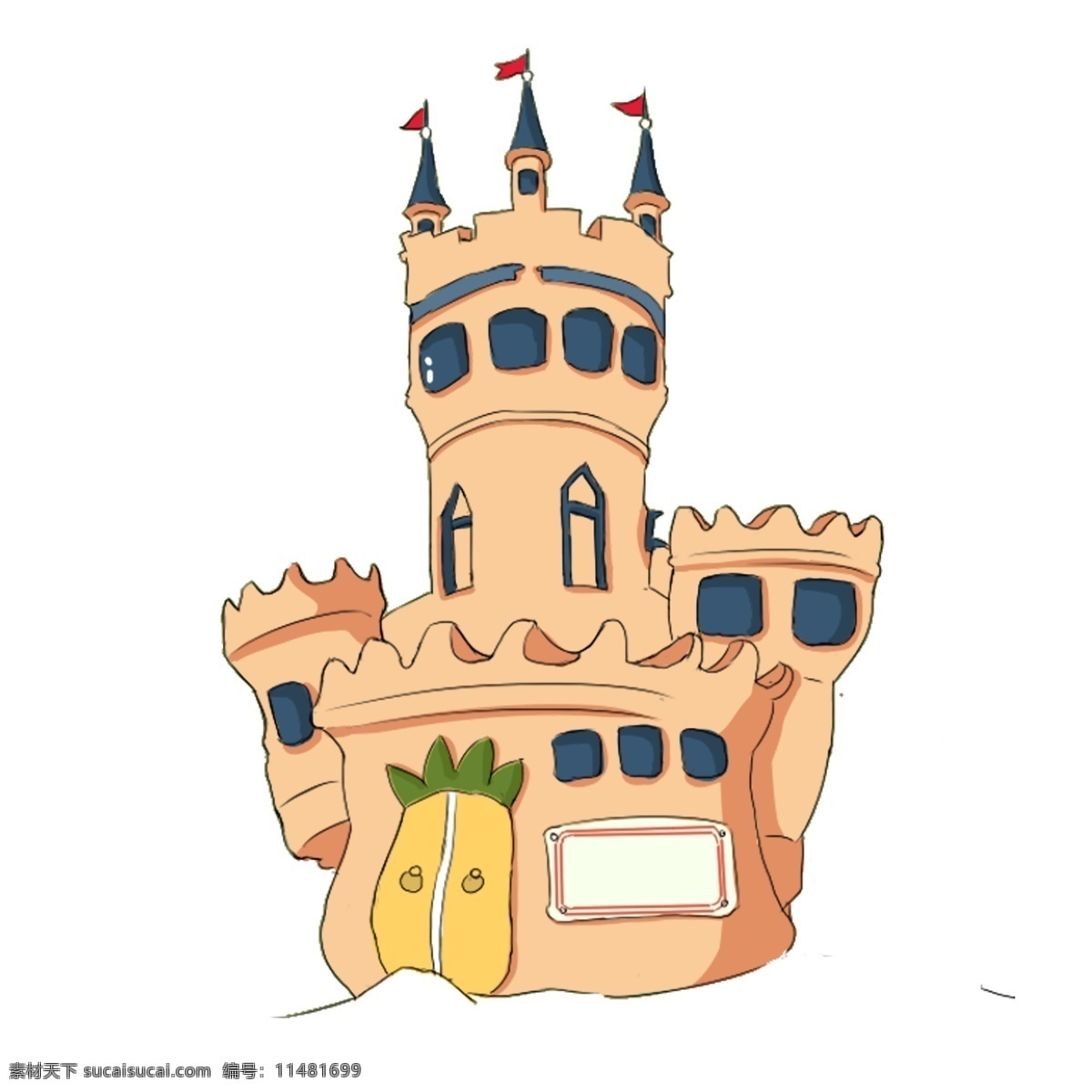 手绘 卡通 童话 城堡 菠萝城堡 黄色 房子 童话镇 居住 装饰图案 蓝色窗户