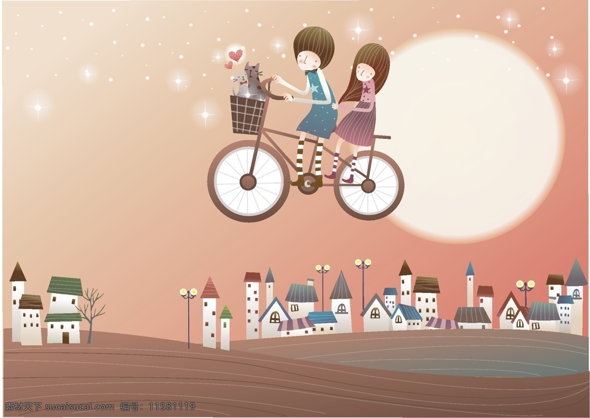 手绘卡通骑着自行车的情侣元素图片_装饰图案_设计元素-图行天下素材网
