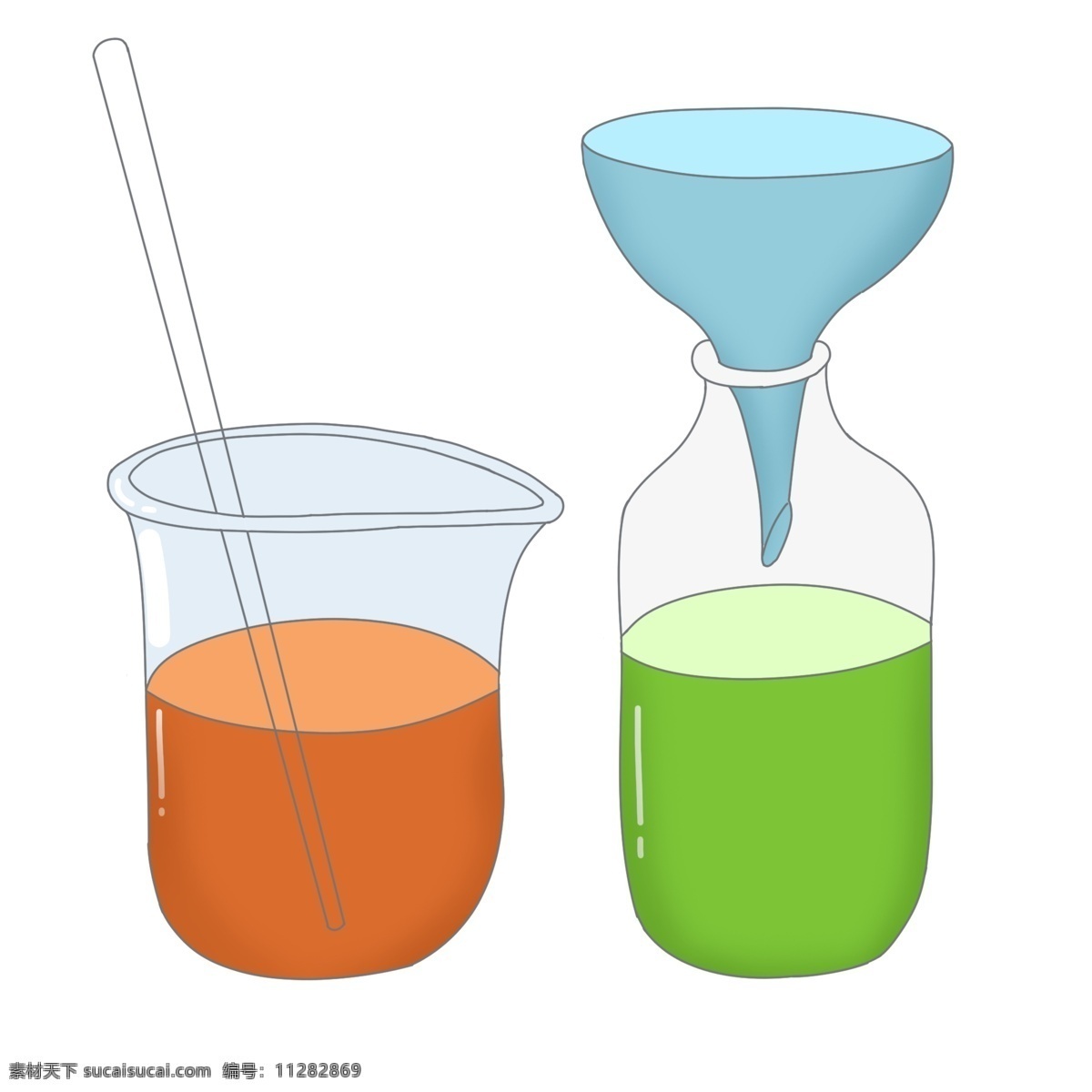实验 用品 漏斗 插画 蓝色的漏斗 卡通插画 实验器材 实验器具 化学仪器 实验用品 绿色的液体