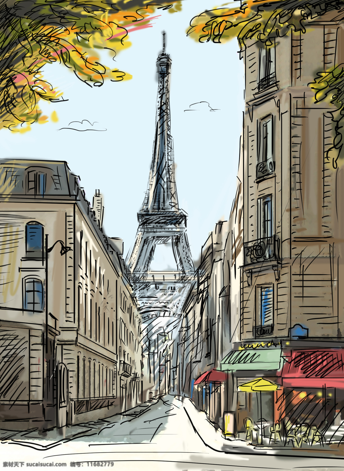 街道速写 速写 绘画 街道 美术 艺术 色彩 手稿 巴黎 巴黎速写 法国 埃菲尔铁塔 法国小镇 绘画书法 文化艺术