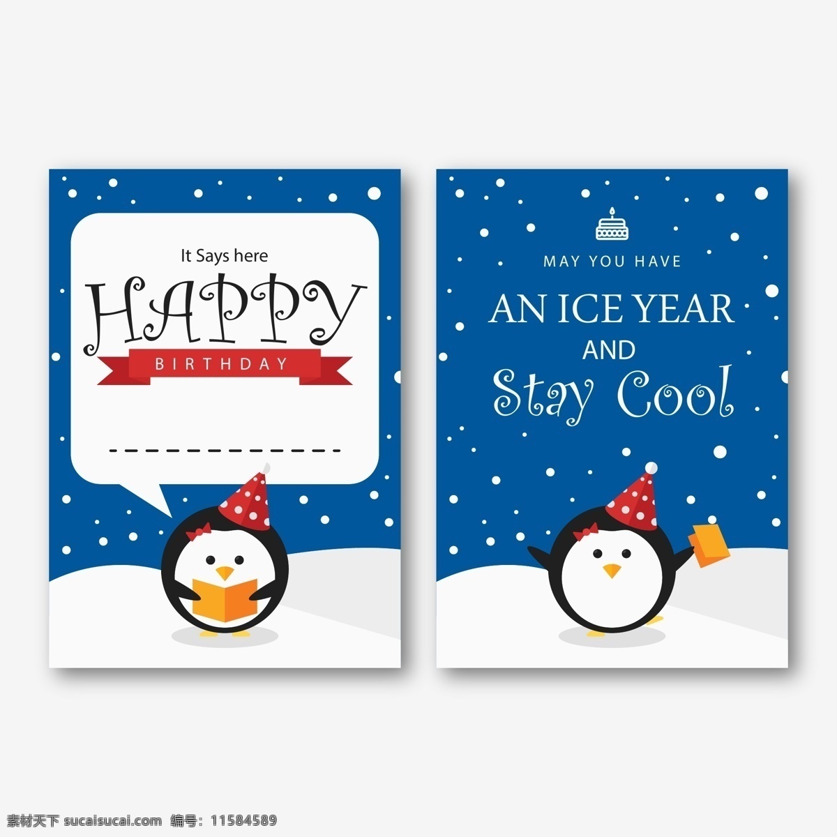生日 快乐 卡通 卡片 生日快乐 冬天 雪 企鹅 下雪 冬季 圣诞节 贺卡 信卡 名片卡片