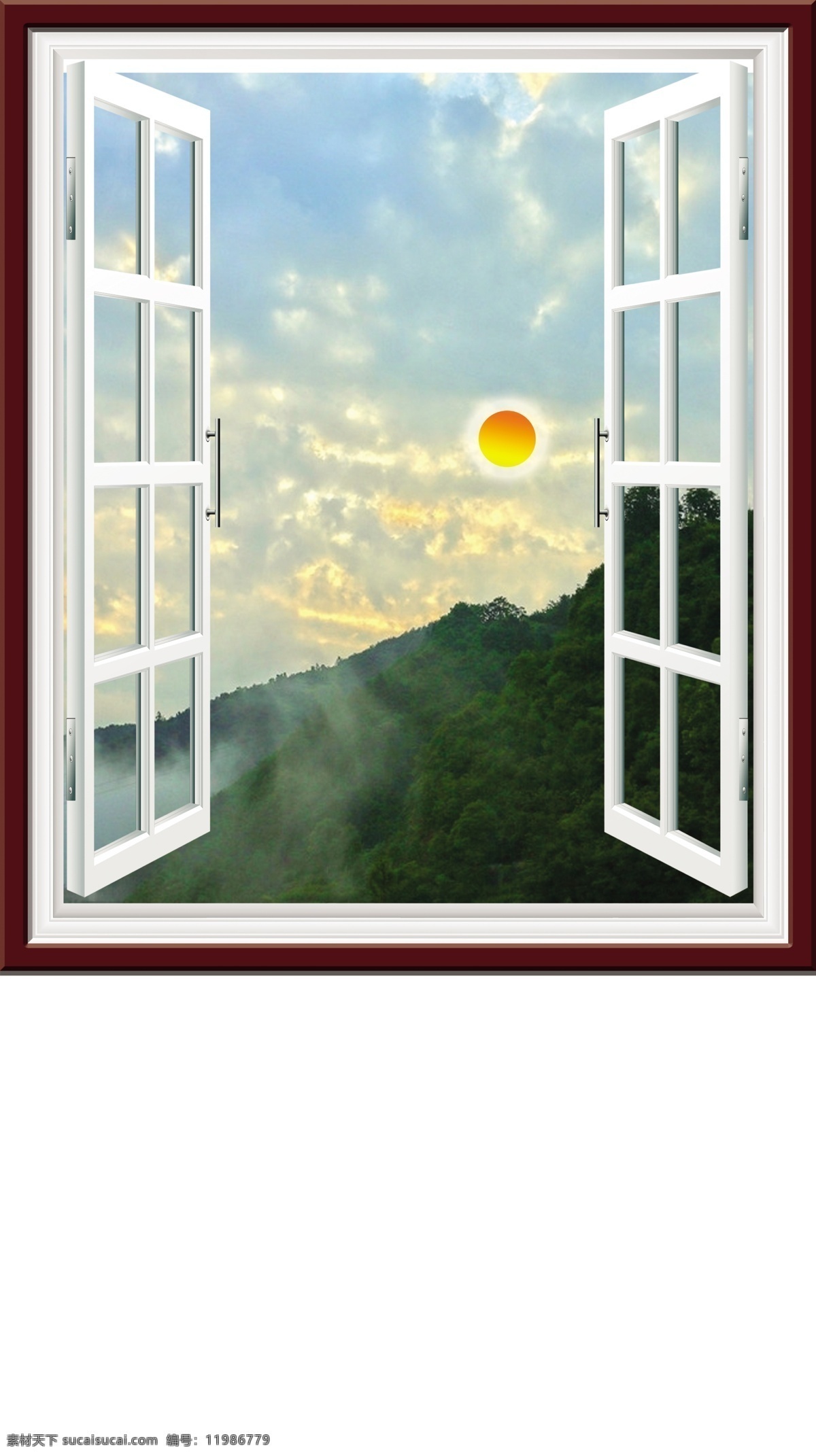 窗景 风景 旭日东升 窗户 美丽 木框 太阳 自然景观