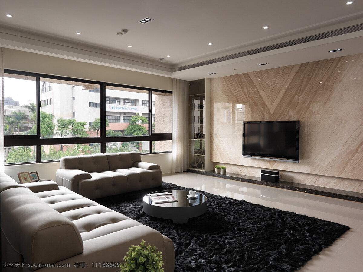 现代 客厅 皮质 沙发 室内装修 效果图 客厅装修 黑色地毯 瓷砖地板 浅色背景墙