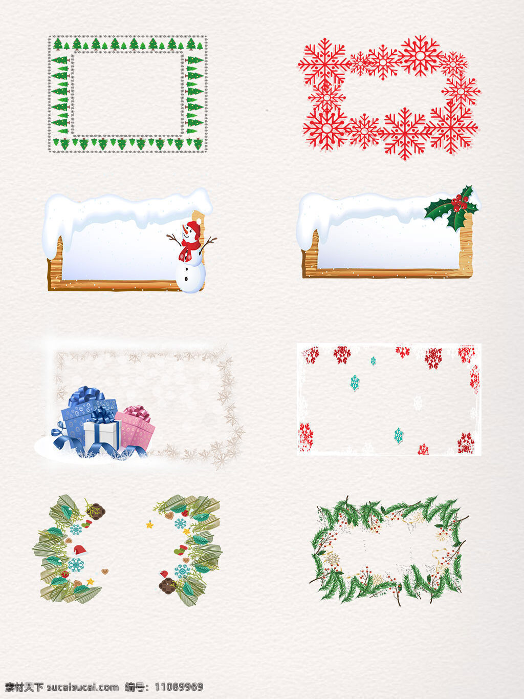 款 矢量 雪花 边框 冬天 红色 节日 礼物 绿色 树叶 雪人 元素