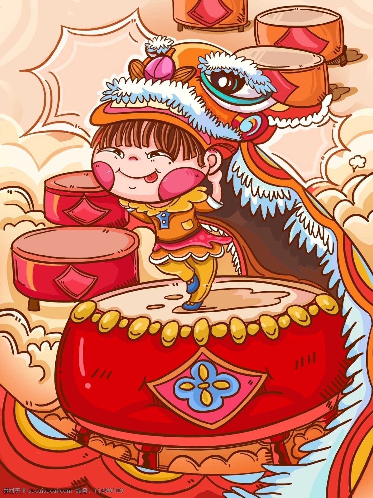 元宵节 舞狮 少年 大鼓 上 可爱 云层 传统节日 卡通风
