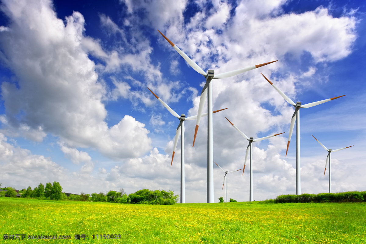 生态 风力 发电 风车 电力风车 风力发电 绿色环保 蓝天 白云 阳光 向日葵 绿叶 大风车 工业生产 现代科技 发电机 自然景观 田园风光