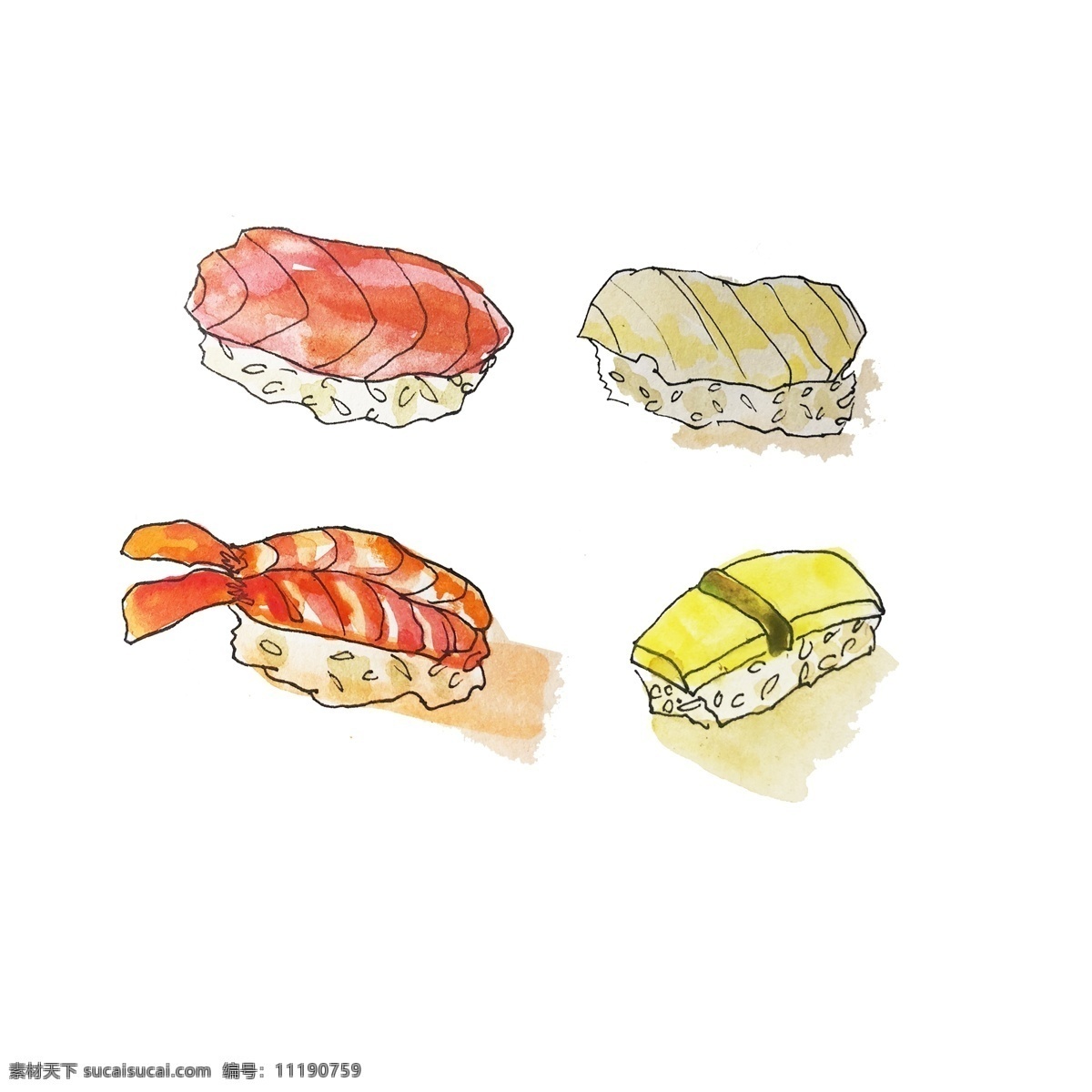 文 艺风 水彩 手绘 寿司 商用 食物 插画 文艺风 手绘风