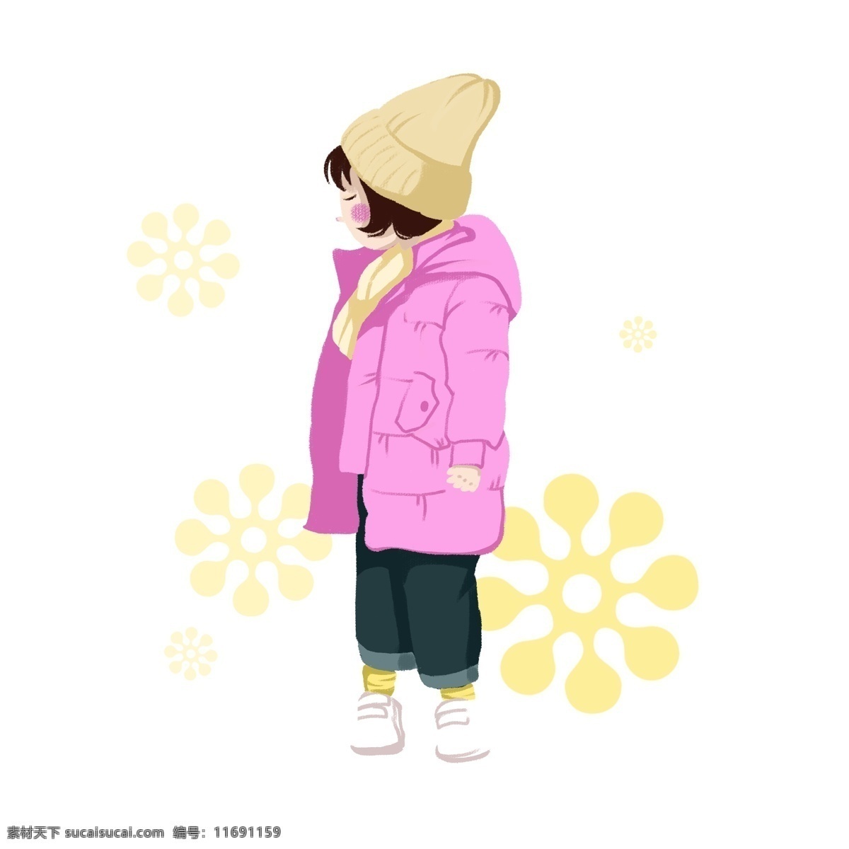 卡通 手绘 秋冬 季节 小女孩 插画 穿着 保暖 女孩 戴帽子 人物 可爱 冬季 冬季人物