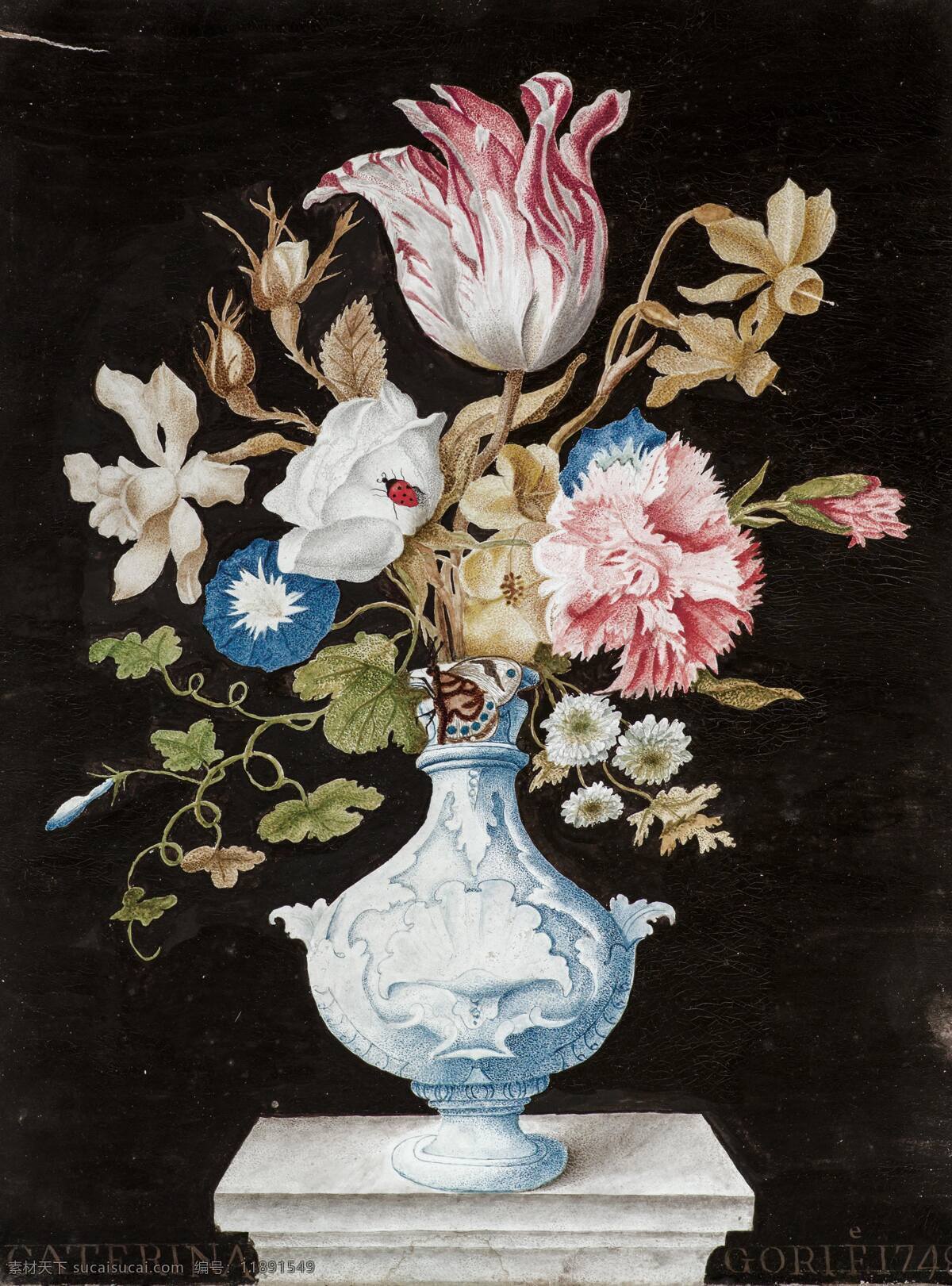静物鲜花 混搭鲜花 黑色背景 白色条纹花瓶 台子 古典油画 油画 绘画书法 文化艺术