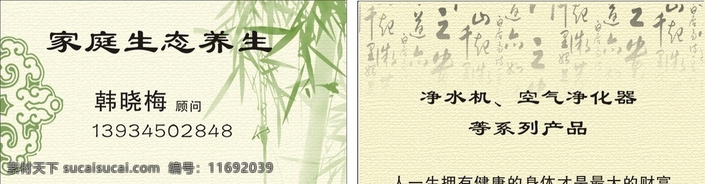 家庭 生态 养生 名片 竹子 绿色 名片卡片