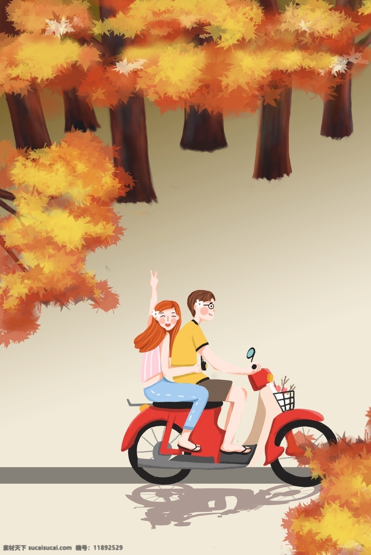 秋天九月 情侣 黄色 卡通背景 海报下载 秋天 九月 摩托车 郊游 树林 温馨 可爱