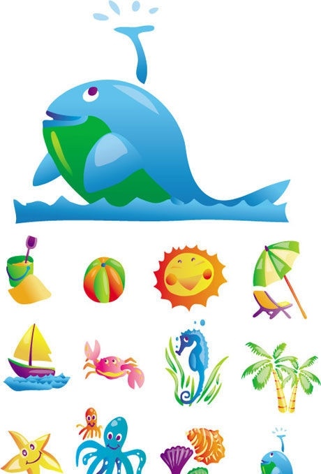夏日 海滩 主题 卡通 插图 矢量 蓝鲸 海马 螃蟹 海星 章鱼 贝壳 椰树 冷饮 阳伞 沙滩 球 海洋生物 生物世界
