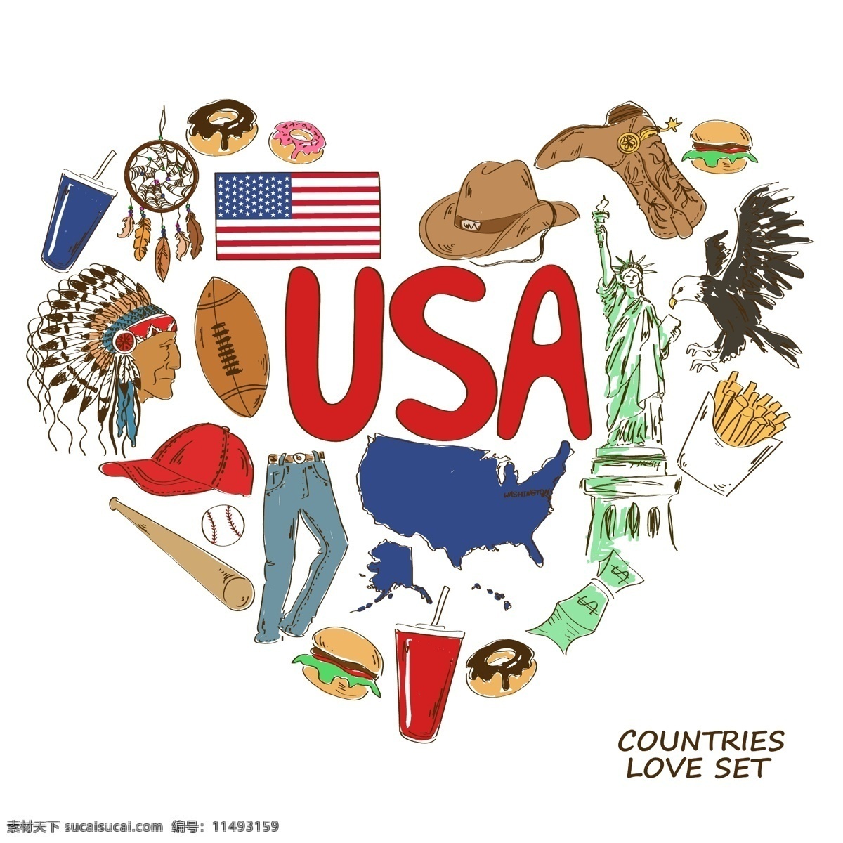 美国国家元素 美国 国家元素 国家象征 国家图标 手绘 矢量 设计素材库 文化艺术 绘画书法