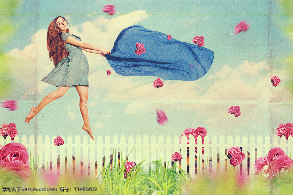 蓝布 女子 栅栏 花朵 天空 女孩 女人 创意图片 美女图片 人物图片