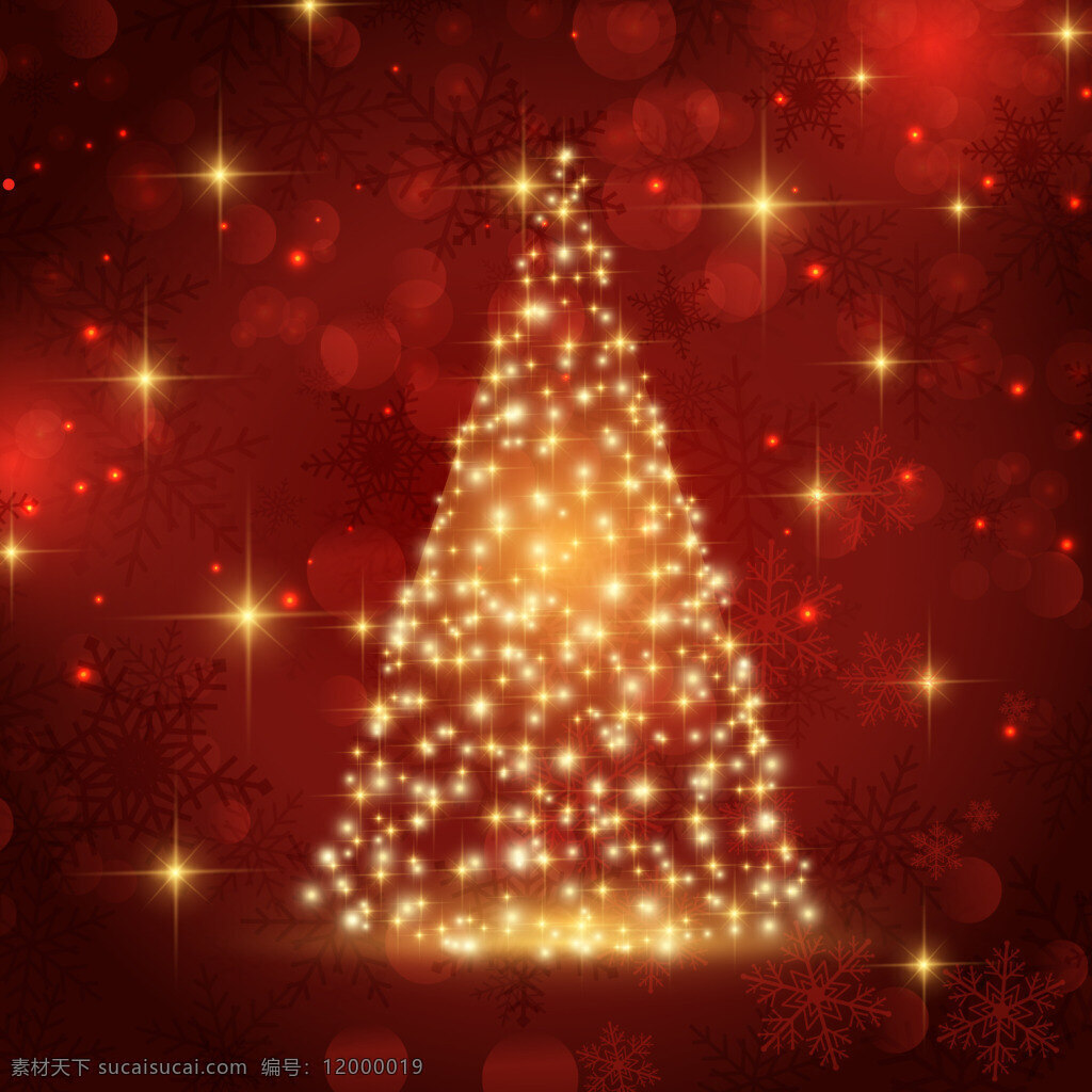 欧式 圣诞节 海报 矢量 背景 红色背景 圣诞树 雪花 星光 光晕元素 星光闪烁 黄色炫光 创意圣诞树 海报背景 背景素材