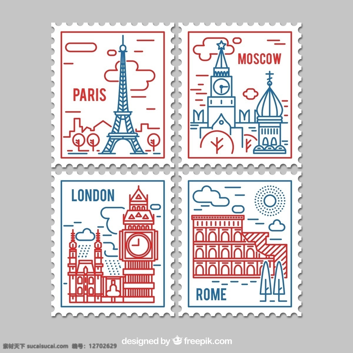 款 彩绘 著名 景点 邮票 矢量 线稿 建筑 巴黎 伦敦 大本钟 莫斯科 罗马