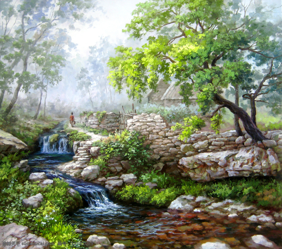 溪流 油画 风景 临摹 农家 小溪 挑水的姑娘 油画作品 绘画书法 文化艺术