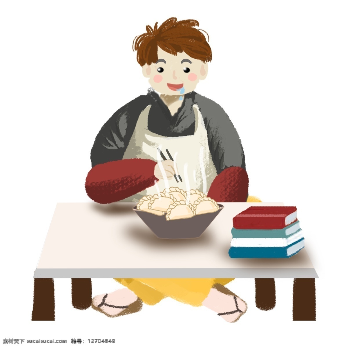 冬至 吃 饺子 流口水 男孩 人物 桌子 插画 手绘 男生 吃饺子 一碗饺子