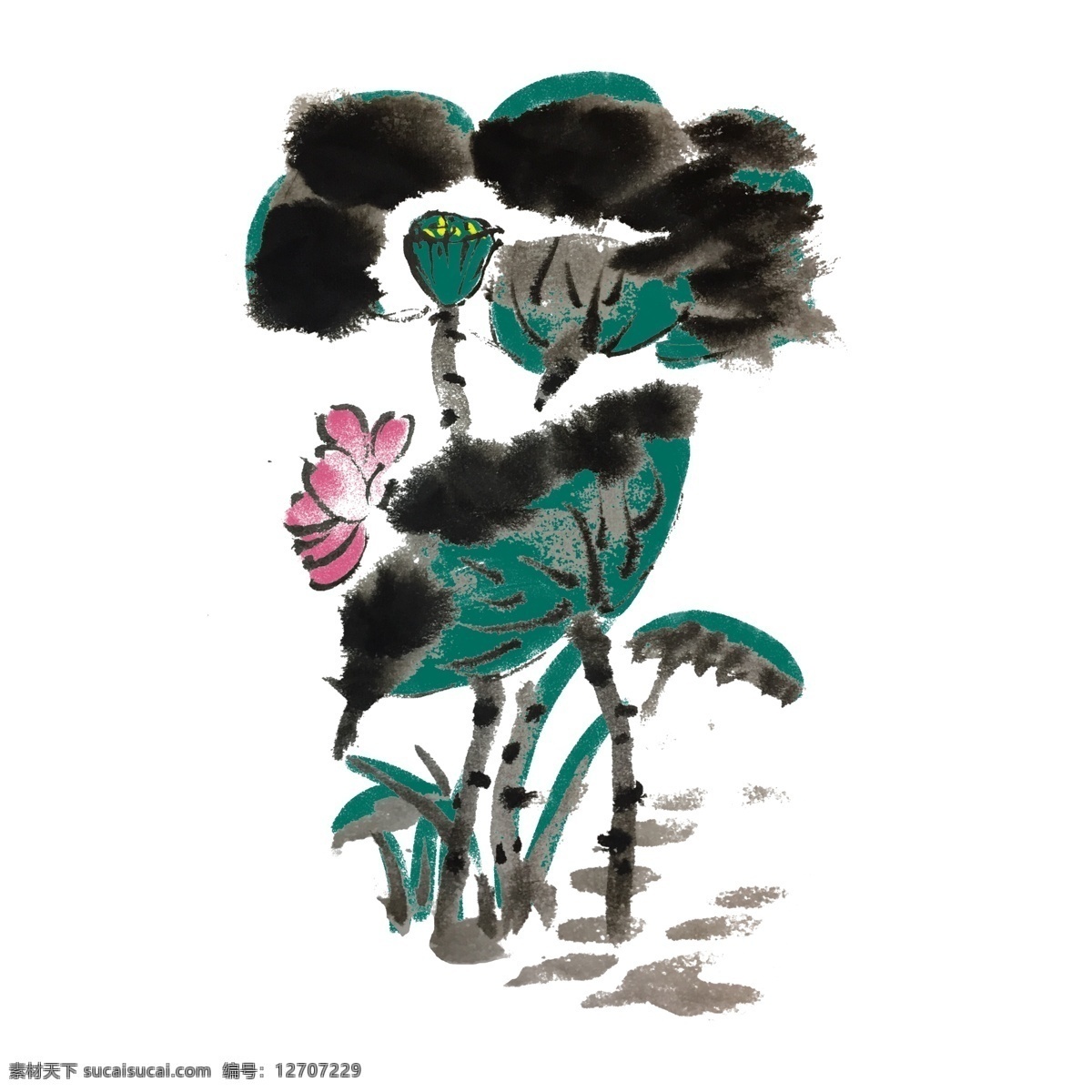 夏天 水墨 风 荷叶 莲蓬 手绘 插画 夏季 荷花 出水芙蓉 芙蓉 中国风 古风 水墨风 墨迹 彩色 春天 生动 花草 国风