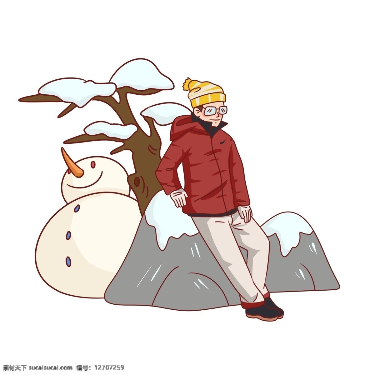 手绘 冬季 旅游 堆 雪人 人物 插画 大雪天 冰天雪地 白色雪原 冰雪景色 堆雪人 卡通男子人物 旅游人物