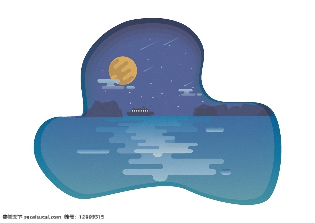 原创 夏季 海边 夜景 插画 logo 月亮 山 船 云 黑夜 星空 波浪 唯美