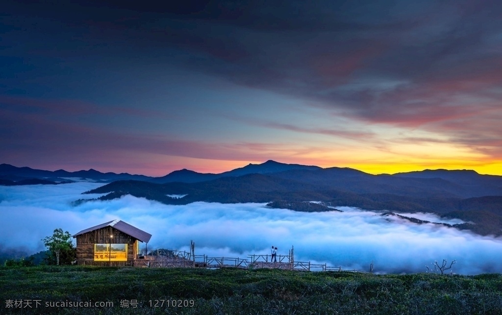 河山景观 孤岛 日落 小屋 河山 傍晚 旅游摄影