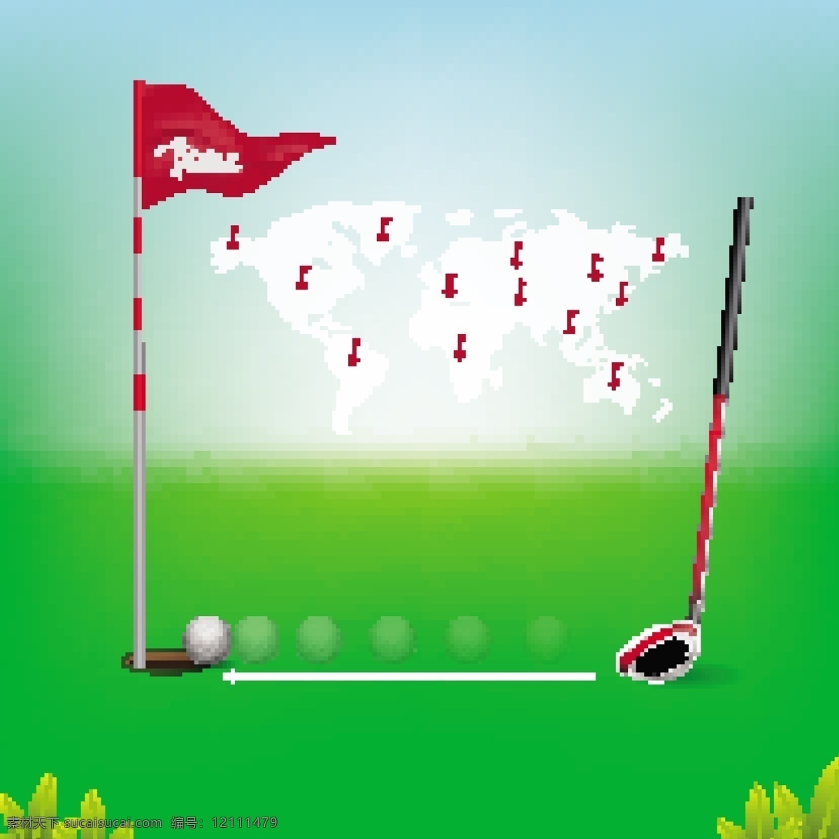 高尔夫球主题 高尔夫球运动 高尔夫球比赛 高尔夫球场 蓝天白云 高尔夫球 运动 高尔夫 绿色 球杆 绿叶 叶子 红旗 旗子 草地 绿地 青草 蝴蝶 剪影 姿势 奖杯 金色
