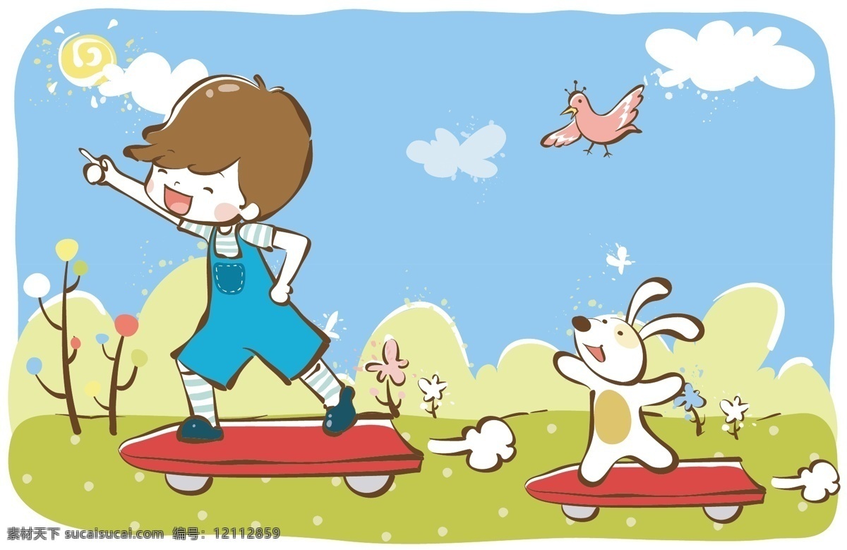 玩滑板 矢量 卡通 儿童 人物 背景 滑板 男孩 小狗 小鸟 向前冲 矢量素材 儿童幼儿 矢量人物