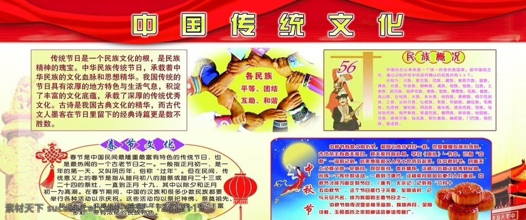 中国传统文化 中国 传统 文化 民族 节日 平等 团结 互助 和谐 春节 中秋节 展板模板