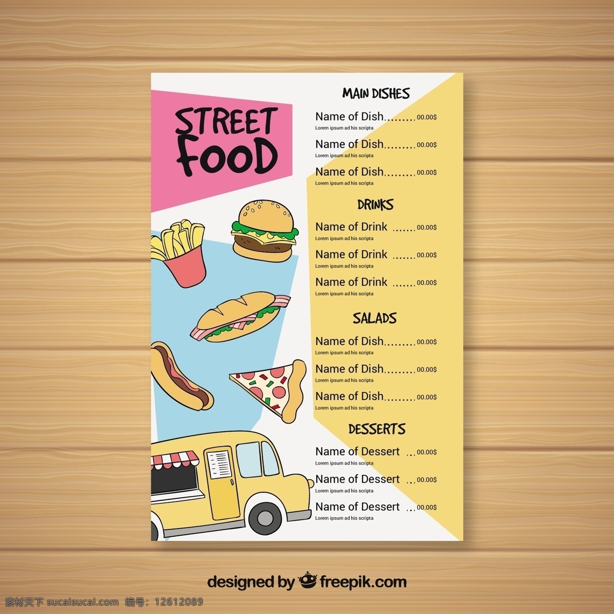 手绘 食物 街 菜单 采购产品食物 手 模板 餐馆 狗 比萨饼 卡车 五颜六色 厨师 汉堡 烹饪 快餐 绘画 街道 现代 运输 食物菜单 晚餐