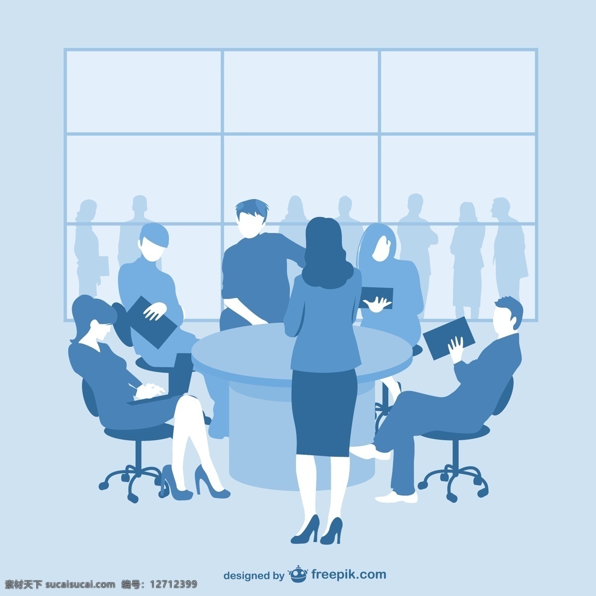 蓝色 商务会议 剪影 商务 人 办公室 模板 表格 营销 轮廓 会议 商务人员 团队 商人 平面设计 企业 公司 商务人士