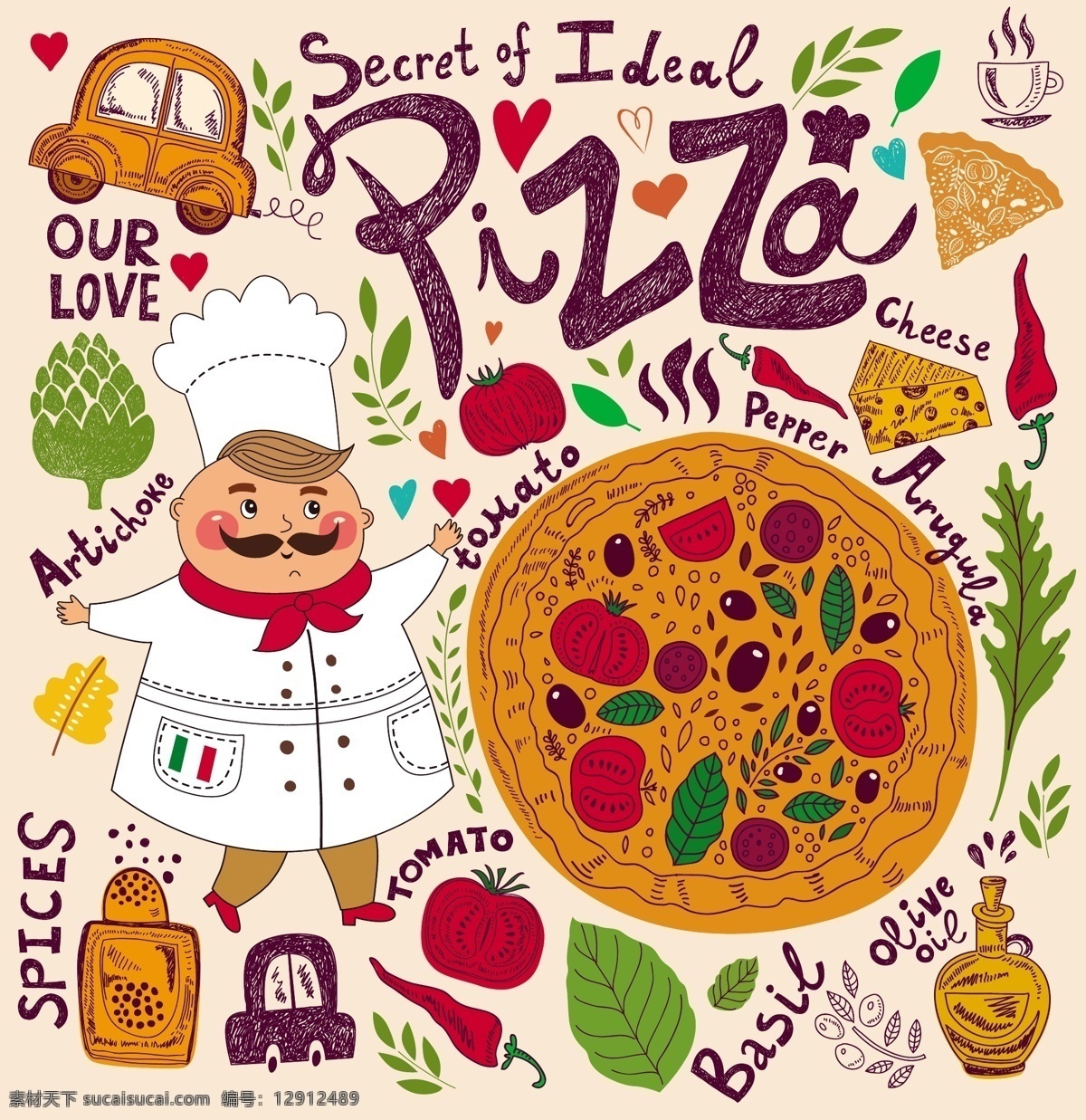 卡通 厨师 披萨 pizza 卡通人物 卡通厨师 橄榄油 西红柿 辣椒 起司 奶酪 朝鲜蓟 咖啡 热饮 汽车 调味料 餐饮 美 白色
