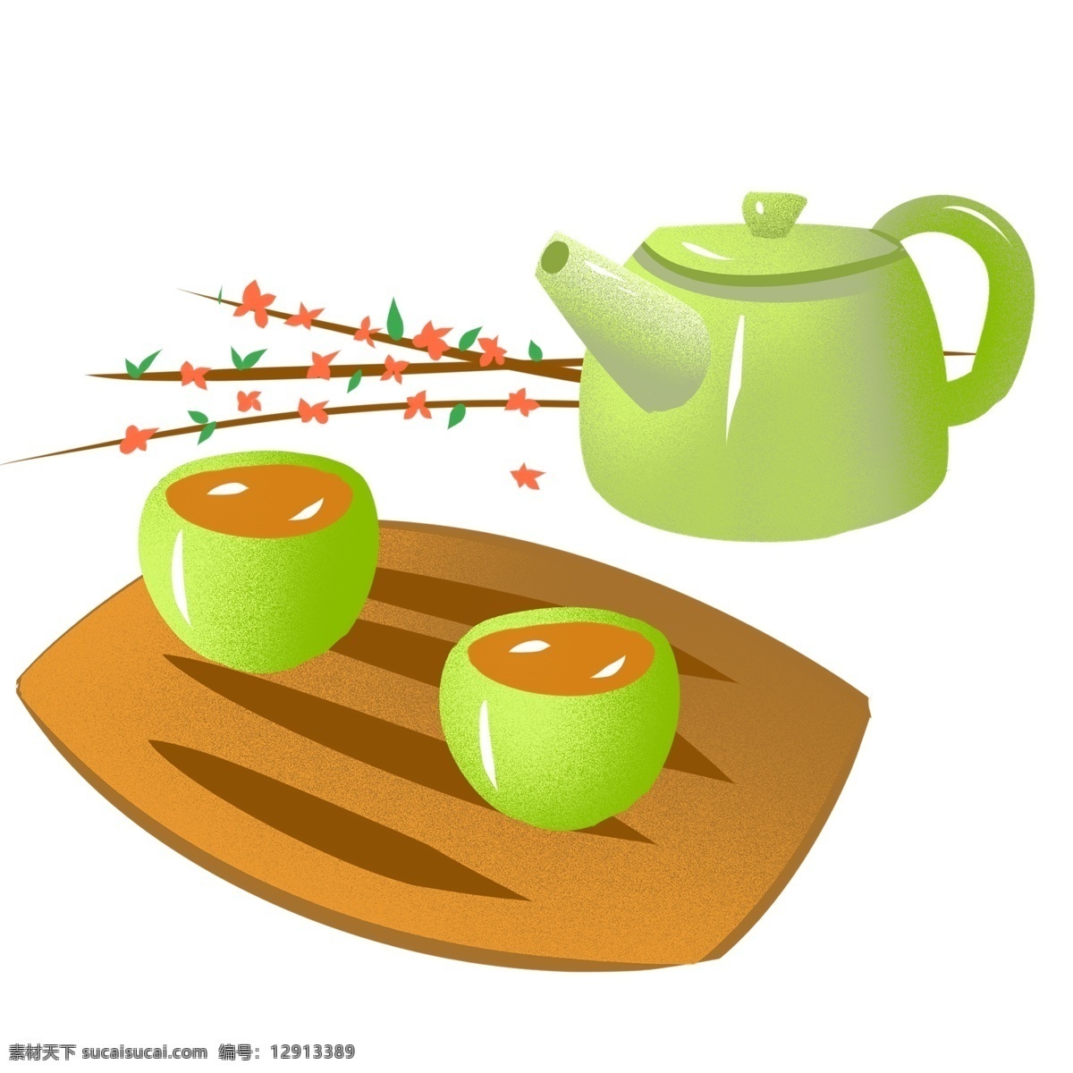 清明节 绿色 茶具 手绘 免 扣 清茶 茶壶 茶杯 茶杯托 花枝 茶具套装 节日 下午茶 放松 生活日常