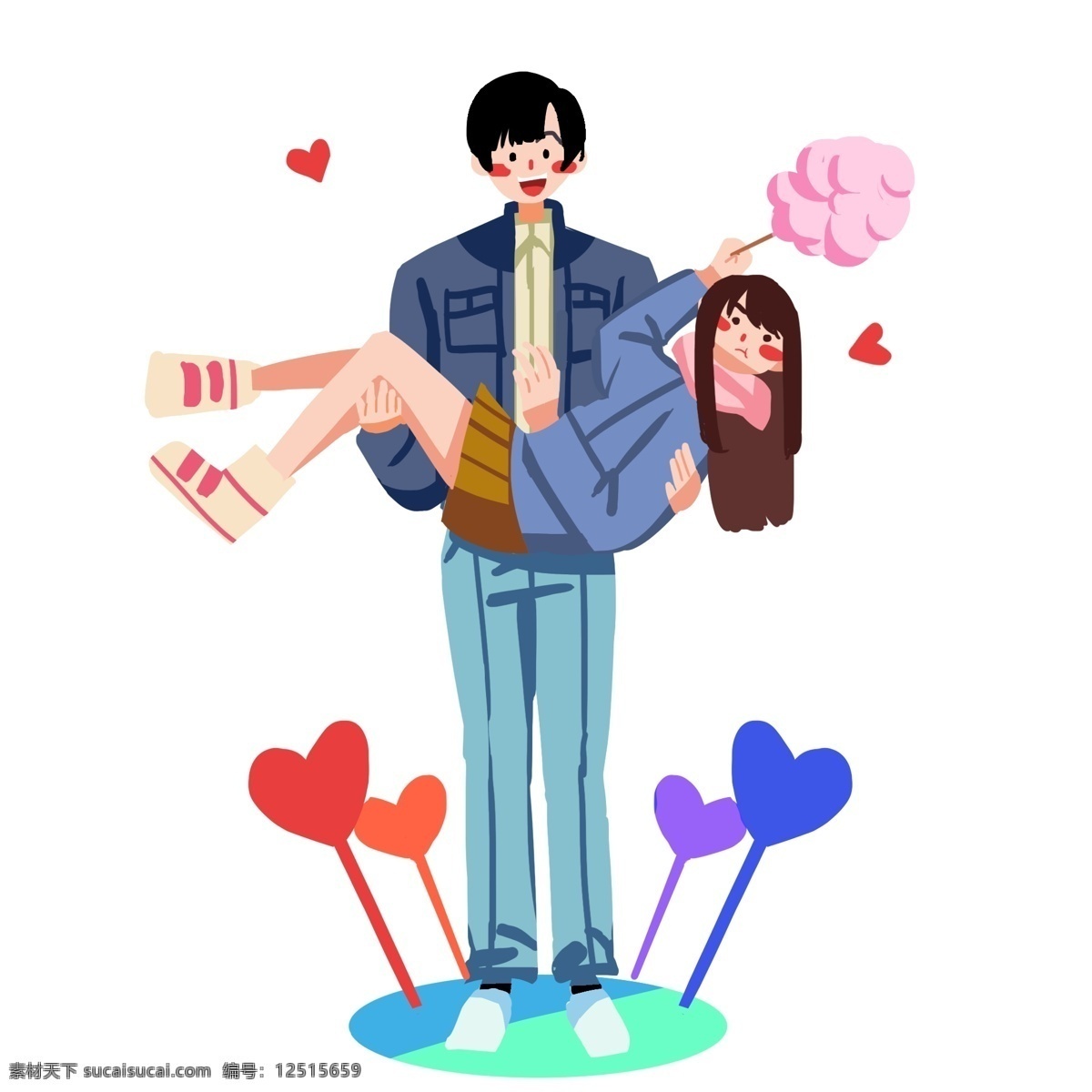 手绘 情人节 幸福 插画 幸福的情侣 红色的气球 卡通插画 恩爱的情侣 抱起的女孩
