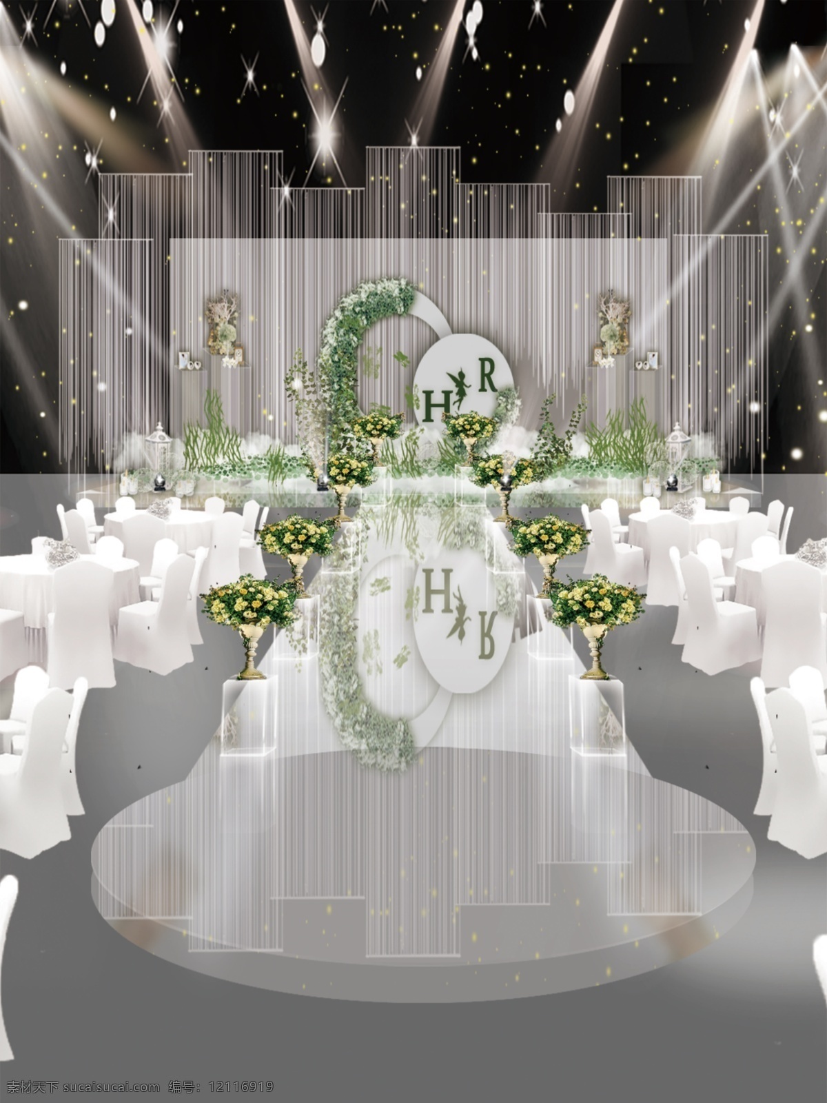 浪漫 甜蜜 婚礼 效果图 水晶灯 白色 森林 婚礼背景 分层 源文件 简约