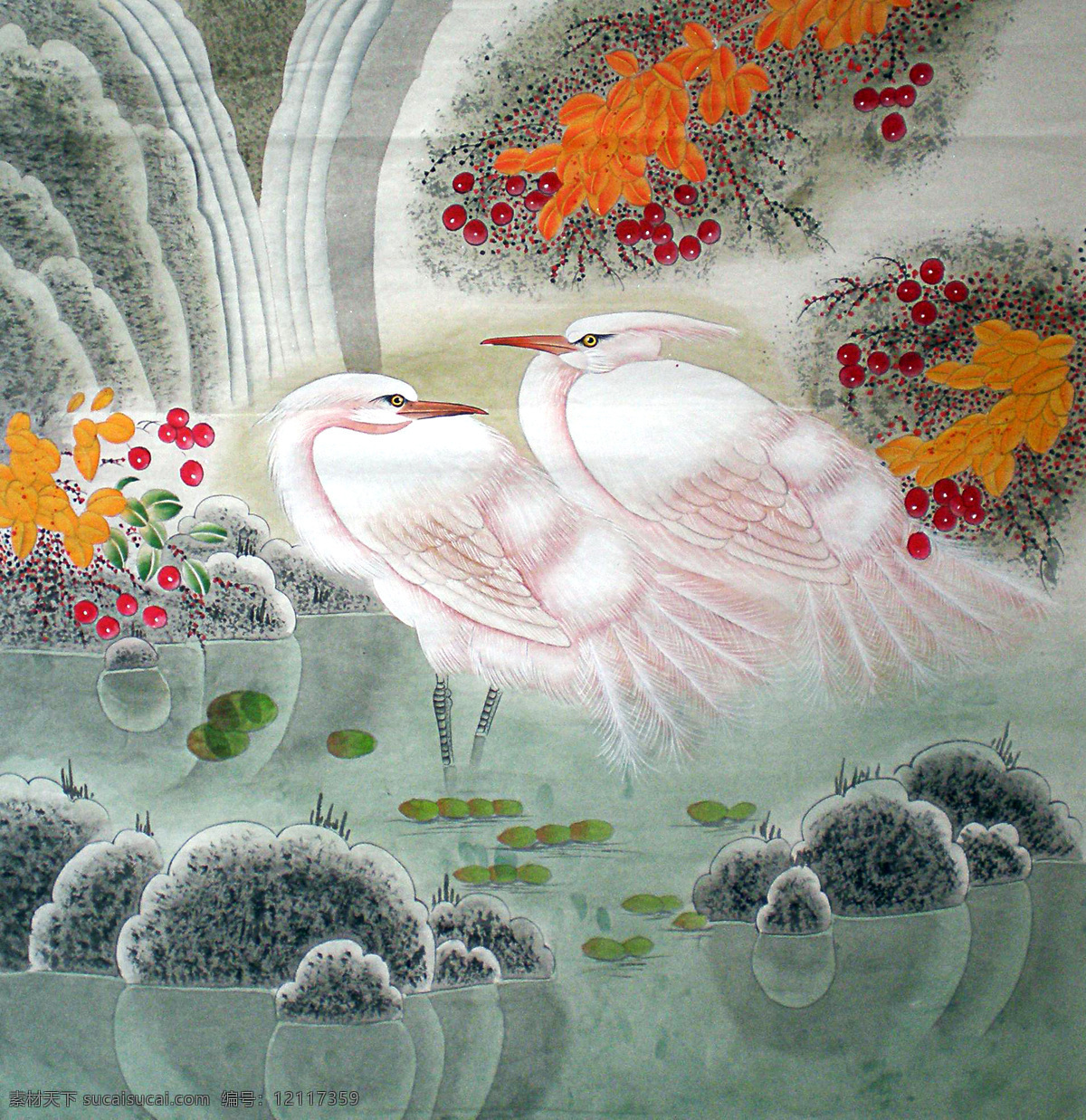 国画 山水画 鸟 枫叶 叶子 河流 花鸟 文化艺术 绘画书法