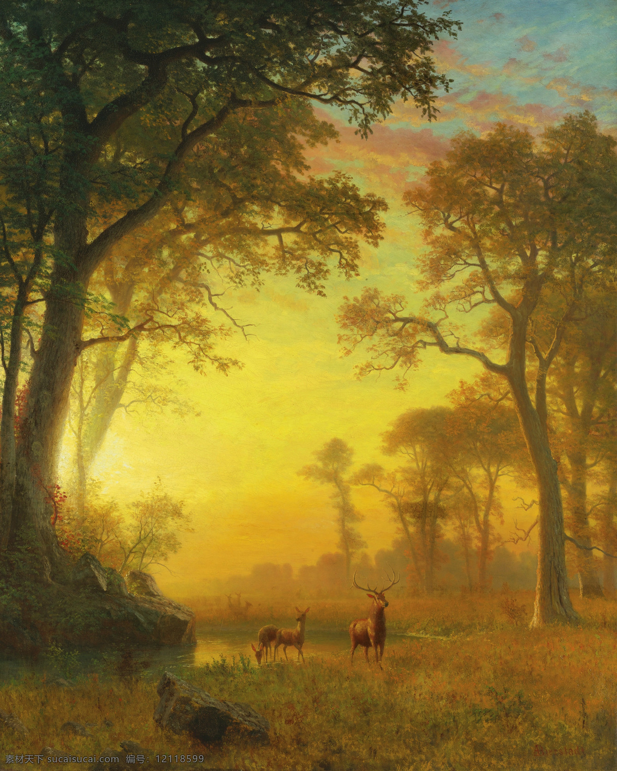比尔 史 伯特 作品 阿尔贝特 森林 美国画家 鹿 哈德逊河学院 景观艺术 自然 私人收藏 河 日出 绘画书法 文化艺术